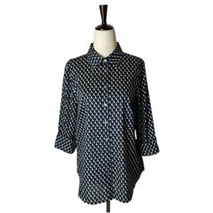 Talbots Shirt Women Size 8 Navy Blue Dog Print Roll Tab Sleeve Button Down Top